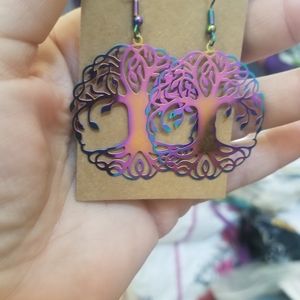 Color changing Holographic Rainbow Tree of Life Stainless Steel earrings Light !